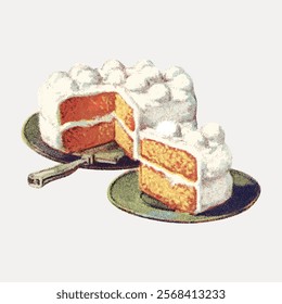 Vintage illustration of cake with white frosting. Cake slice on plate. Cake with layers, frosting, and slice. Classic cake design with frosting. Vintage art drawing illustration, painting art vector.