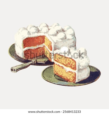 Vintage illustration of cake with white frosting. Cake slice on plate. Cake with layers, frosting, and slice. Classic cake design with frosting. Vintage art drawing illustration, painting art vector.