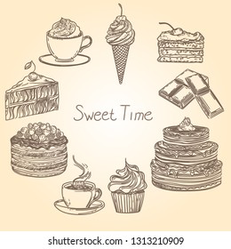 Vintage illustration with cakes, chocolate, coffee, cappuchino and ice cream.