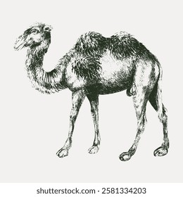 Vintage illustration of a camel. Detailed camel drawing in black and white. Camel art with intricate lines. Classic camel sketch on a plain background. Vintage animal illustration isolated, vector.