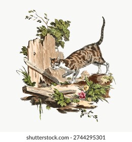 Vintage illustration of a cat exploring a rustic garden. The cat, surrounded by greenery and wooden textures, adds charm to the nature-themed artwork. Vintage cat illustration vector.