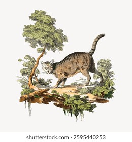 Vintage illustration of a cat in a forest setting. The cat is surrounded by trees and foliage, capturing a natural and serene environment. Vintage vector illustration.