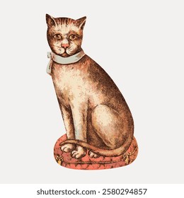 Vintage illustration of a cat. The cat is sitting on a cushion. The cat has a bow around its neck. The cat illustration has a classic, antique style. Vintage illustration vector