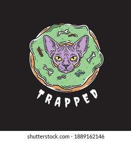 
vintage illustration cat trapped in a donut hole. Sphynx Cat