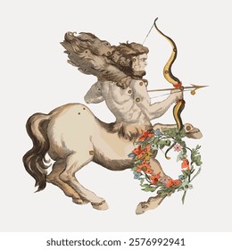 Vintage illustration of a centaur with a bow and arrow. The centaur is depicted with flowing hair and a floral wreath, emphasizing its mythical nature. Vintage illustration isolated on white, vector.