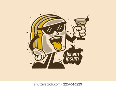 Vintage Illustration character design of a bread holding a drink