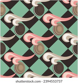 vintage illustration of checkered pattern, cream biscuits and cream waves
