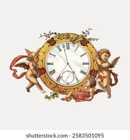 Vintage illustration of cherubs with a large ornate clock. The cherubs, with wings, surround the clock, which features Roman numerals and decorative elements. Vintage roman illustration vector.