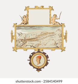 Vintage illustration with cherubs, ornate frames, and a historical landscape. Cherubs and frames create a classic, antique feel. Decorative, vintage, historical. Vintage art illustration, vector.