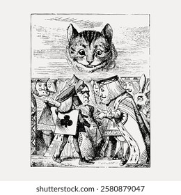 Vintage illustration of Cheshire Cat from 'Alice in Wonderland'. Cheshire Cat grins above characters in a whimsical scene. Classic Cheshire Cat art. Vintage cat illustration isolated on white, vector.