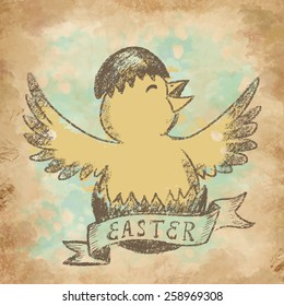  Vintage illustration of chicken in a shell. Happy Easter theme.