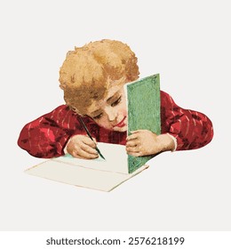 Vintage illustration of a child writing. The child, with curly hair, focuses on writing with a pencil. Writing, child, and vintage art are key elements. Vintage art drawing illustration vector.