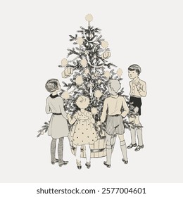 Vintage illustration of children around a Christmas tree. Four children, two boys and two girls, admire the decorated tree. Christmas, children, and tree are central themes. Vintage vector element.