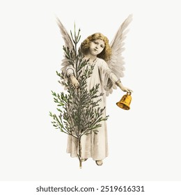 Vintage illustration of Christmas angel with golden bell. Angelic girl hold bell and Christmas tree illustration. Vintage Christmas illustration of angel with Christmas tree, white angel wings