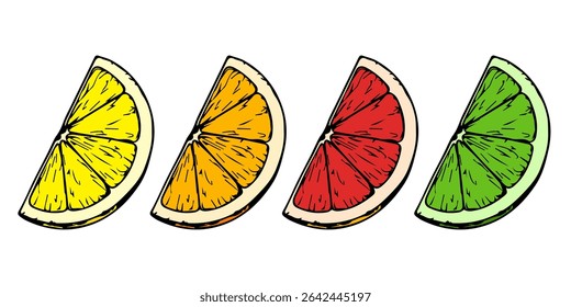 Vintage illustration with citrus fruit slices. Plant element in hand drawn style on isolated white background.