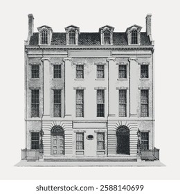 Vintage illustration of a classic townhouse. Detailed townhouse facade with ornate windows. Townhouse architecture in a vintage style. Elegant townhouse design. Vintage art illustration, vector.