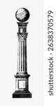 Vintage illustration of a classical column with a decorative capital and a globe on top. Detailed column design with ornate features and globe accent. Black and white. Vintage art illustration vector.