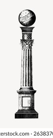 Vintage illustration of a classical column with a decorative capital and a globe on top. Detailed column design with ornate features and globe accent. Black and white. Vintage art illustration vector.