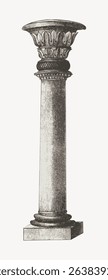 Vintage illustration of a classical column with ornate details. The column features intricate carvings and a sturdy base, showcasing classic architectural design. Vintage art illustration vector.
