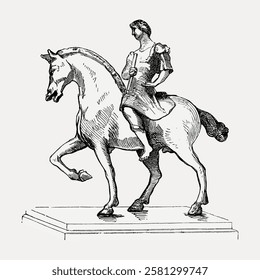 Vintage illustration of a classical statue depicting a male figure on a horse. The statue with intricate details, showcasing the rider and horse in a dynamic pose. Vintage horse illustration vector.