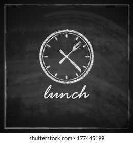 vintage illustration with clock and cutlery on blackboard background. lunch time concept