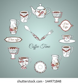 Vintage illustration of clock with dishware and text Coffee Time