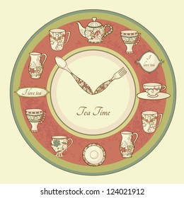 Vintage illustration of clock with teapot and cups and text Tea Time