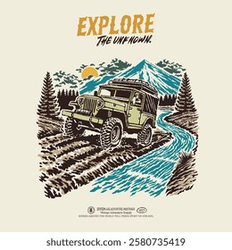 Vintage illustration clothing design adventure 4x4 car offroad expedition mountain river. Retro apparel outdoor nature graphic supply