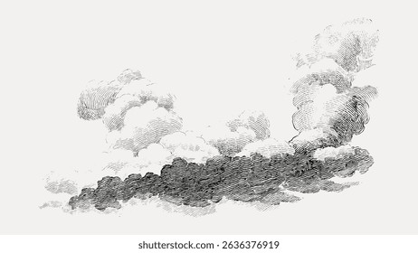Vintage illustration of clouds, showcasing detailed cloud formations. The clouds are intricately drawn, highlighting the beauty of vintage cloud art. Vintage art illustration vector.