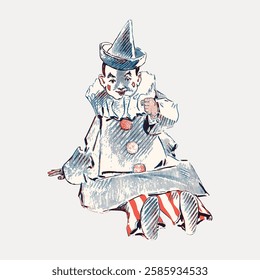 Vintage illustration of a clown in a classic outfit with a pointed hat, large buttons, and striped pants. The clown is sitting, smiling, and appears playful. Vintage art illustration, vector.