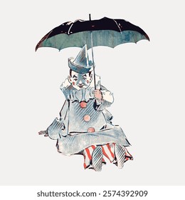 Vintage illustration of a clown holding an umbrella. The clown wears a hat and striped pants. The clown's expression is playful and whimsical. Isolated vintage art illustration vector element.