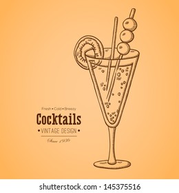 Vintage illustration of cocktail. Easily editable vector. Drink on retro background with text. Isolated object. For menu. Hand drawing. Vintage label.