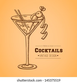 Vintage illustration of cocktail. Easily editable vector. Drink on retro background with text. Isolated object. For menu. Hand drawing. Vintage label.