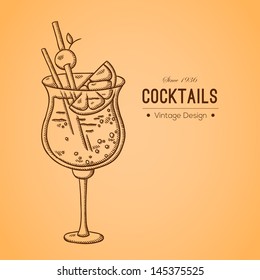 Vintage illustration of cocktail. Easily editable vector. Drink on retro background with text. Isolated object. For menu. Hand drawing. Vintage label.