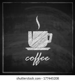 vintage illustration with coffee cup on blackboard background. 