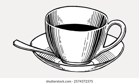 Vintage illustration of a coffee cup and saucer. Black and white coffee cup with a spoon. Classic coffee cup design, perfect for coffee lovers and vintage art fans. Vintage style vector element.