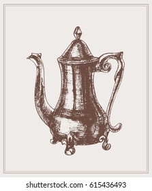Vintage illustration of a coffee pot in an etching style for a poster in the interior of a cafe, retsoran, kitchen. Coffeepot in english style.