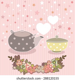 Vintage illustration with colorful dot patterned tea cups. Coffee cups.