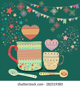 Vintage illustration with colorful star patterned coffee cups. Coffee cups.