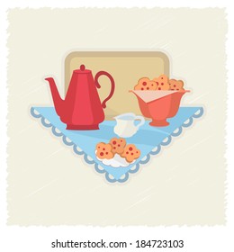 Vintage illustration with cooking utensils dishes food