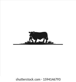 Vintage illustration with cow, dog and cat vector in black color. Animal logo template. Rural farm house and cattle icon design inspiration.