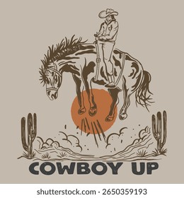 Ilustração vintage de um cowboy montando um cavalo de arremesso em uma cena do deserto ocidental com cactos e fundo do pôr do sol. Design retrô estilizado com linhas em negrito e tons de terra, perfeito para a cultura ocidental,