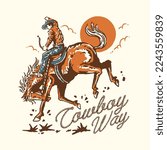 A Vintage illustration of Cowboy riding horse
