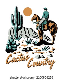 A Vintage Illustration Of A Cowboy Riding Horse In A Desert