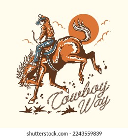 A Vintage illustration of Cowboy riding horse