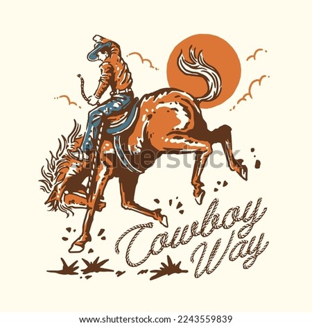 A Vintage illustration of Cowboy riding horse