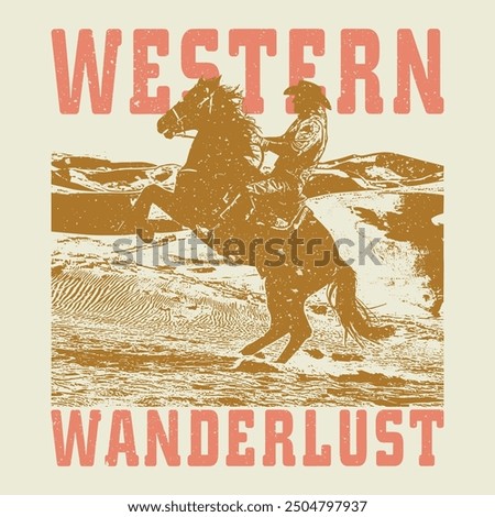 A vintage illustration of a cowboy rising horse, A rodeo cowboy is riding a bucking bronco. He is in an arena with dirt flying from the kicking horse. a cowboy riding horse in a desert. 