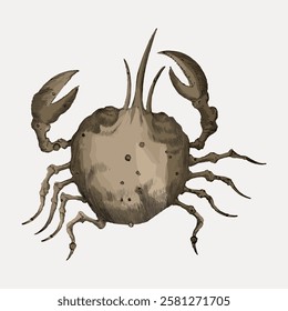 Vintage illustration of a crab with detailed claws and legs. The crab's texture and shading give it a classic, antique look. Perfect for ocean-themed designs. Vintage animal illustration vector.