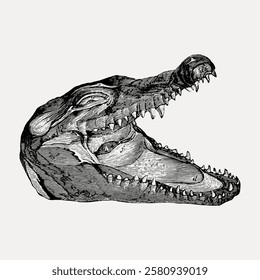 Vintage illustration of a crocodile skull. Detailed crocodile skull drawing. Crocodile skull art with open jaws. Black and white crocodile skull sketch. Vintage reptile illustration isolated, vector.