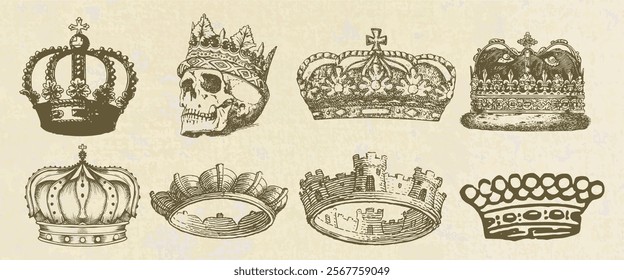 Vintage illustration of crowns and a skull. Crowns vary in style, featuring ornate designs. Skull with a crown adds a unique, historical touch. Vintage, ornate, historical. Vintage elements vector set